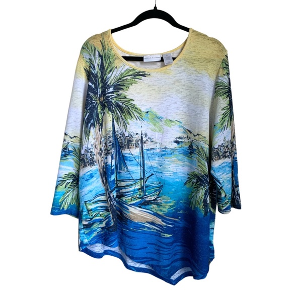 Alfred Dunner Women's Top Size XL Rhinestone Elements Palm Trees Boats Blouse - Picture 1 of 5